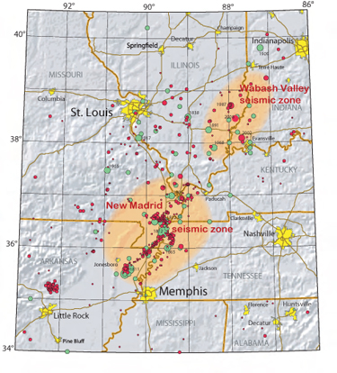 USGS map showing recorded earthquakes and fault localities in the New Madrid and Wabash Valley seismic regions