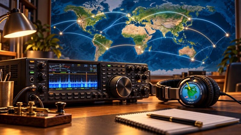 Amateur radio station and world map illustrating DX contacts from Schaumburg.