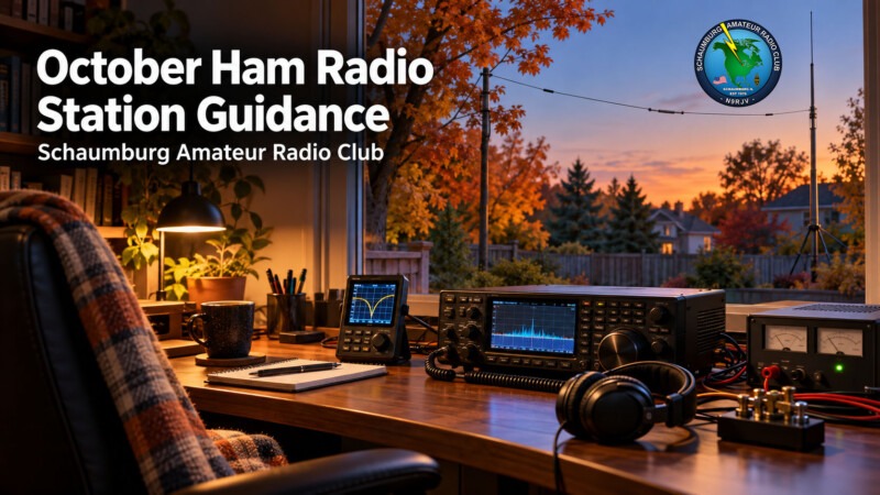 Amateur radio station with a transceiver, antenna analyzer, headphones, and backyard antennas at autumn sunset.