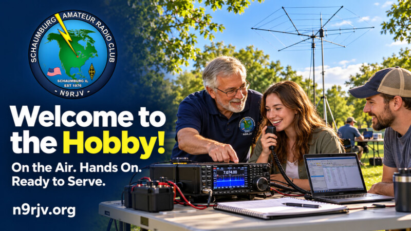 SARC illustration of amateur radio operators helping a newcomer get on the air at a park station.